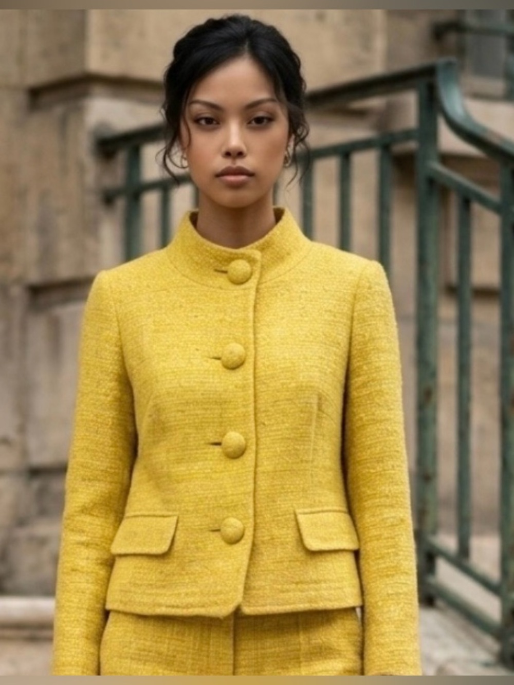 J.CREW Yellow Tweed Blazer Jacket Suit Coat Wool Blends Mock Neck Collar Golden